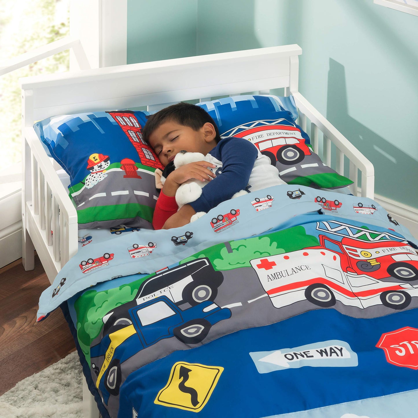 Everyday Kids 4 Piece Toddler Bedding Set -Fire And Police Rescue- Includes Comforter, Flat Sheet, Fitted Sheet And Reversible P
