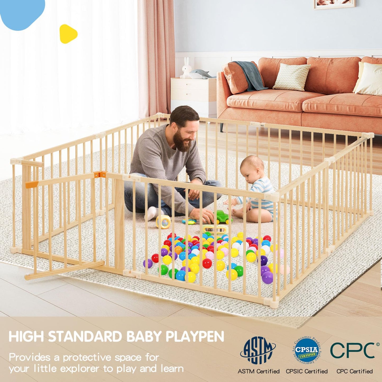 Hommow Wooden Baby Playpen Extra Large, 74?74Foldable Play Fence For Babies And Toddlers,Safety Play Yard With Locking Gate, Cha