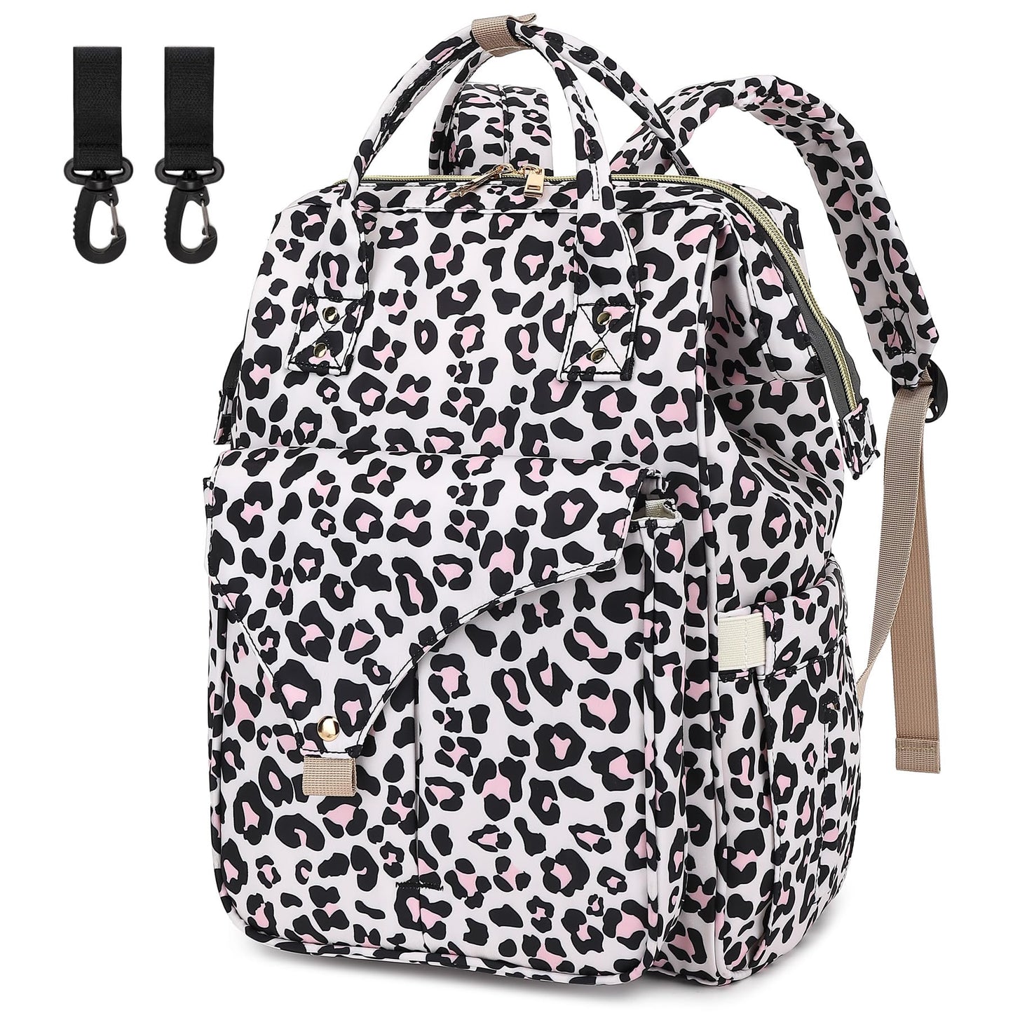 Leopard Diaper Bag Backpack for Baby Girls Boys, Large Capacity Multifunction Waterproof Maternity Mom Nappy Bags with Stroller 