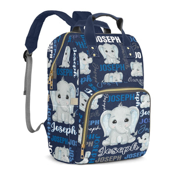 Perarts Elephant Custom Name Diaper Bag Backpack for Baby Boys Girls, Navy Blue Personalized Name Cute Cartoon Large Nappy Nursi