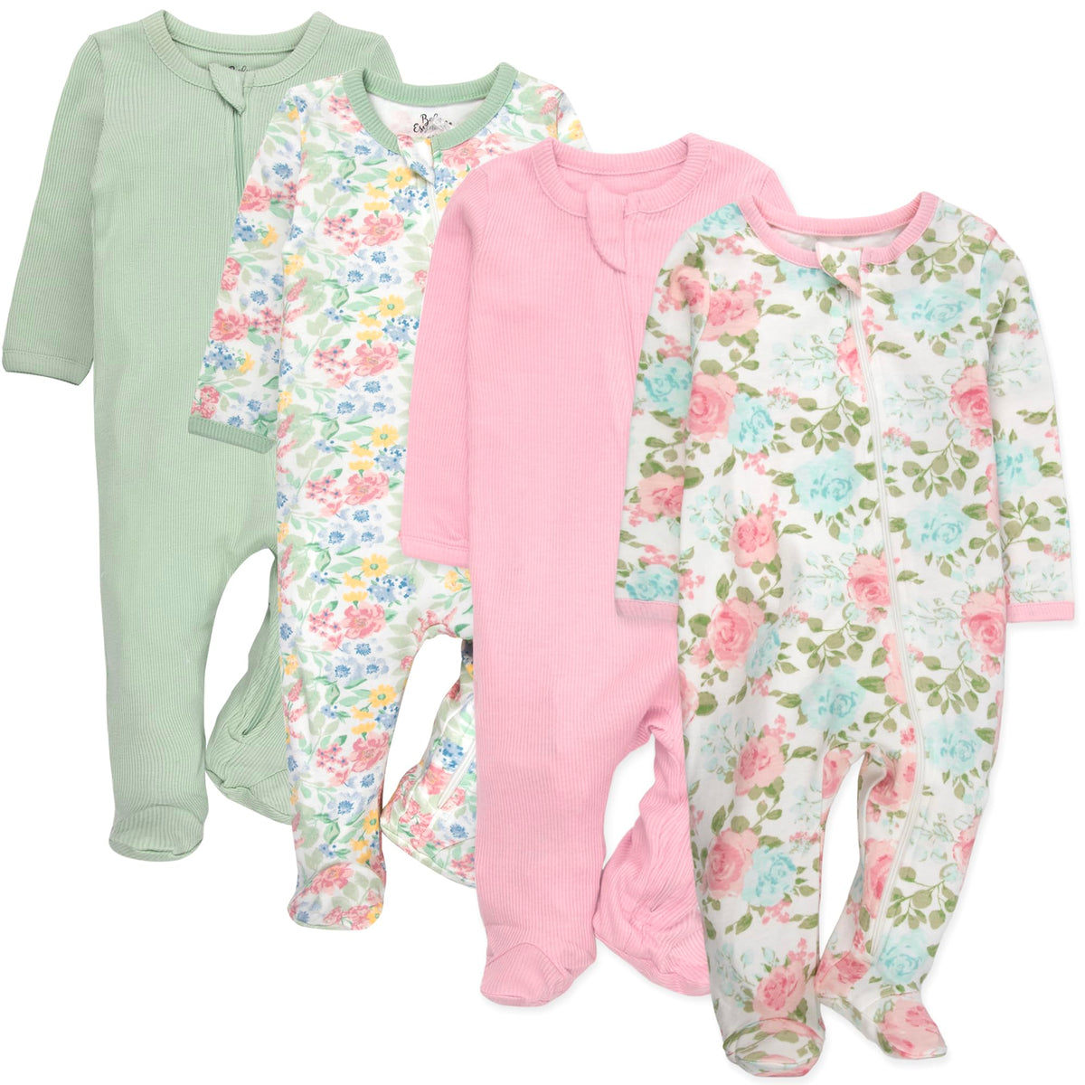 Baby Essentials Baby Girls 4 Piece Outfit Set  Footie Sleepwear Pajama Bodysuits  Spring & Summer Baby Clothes Gift Set, Multi