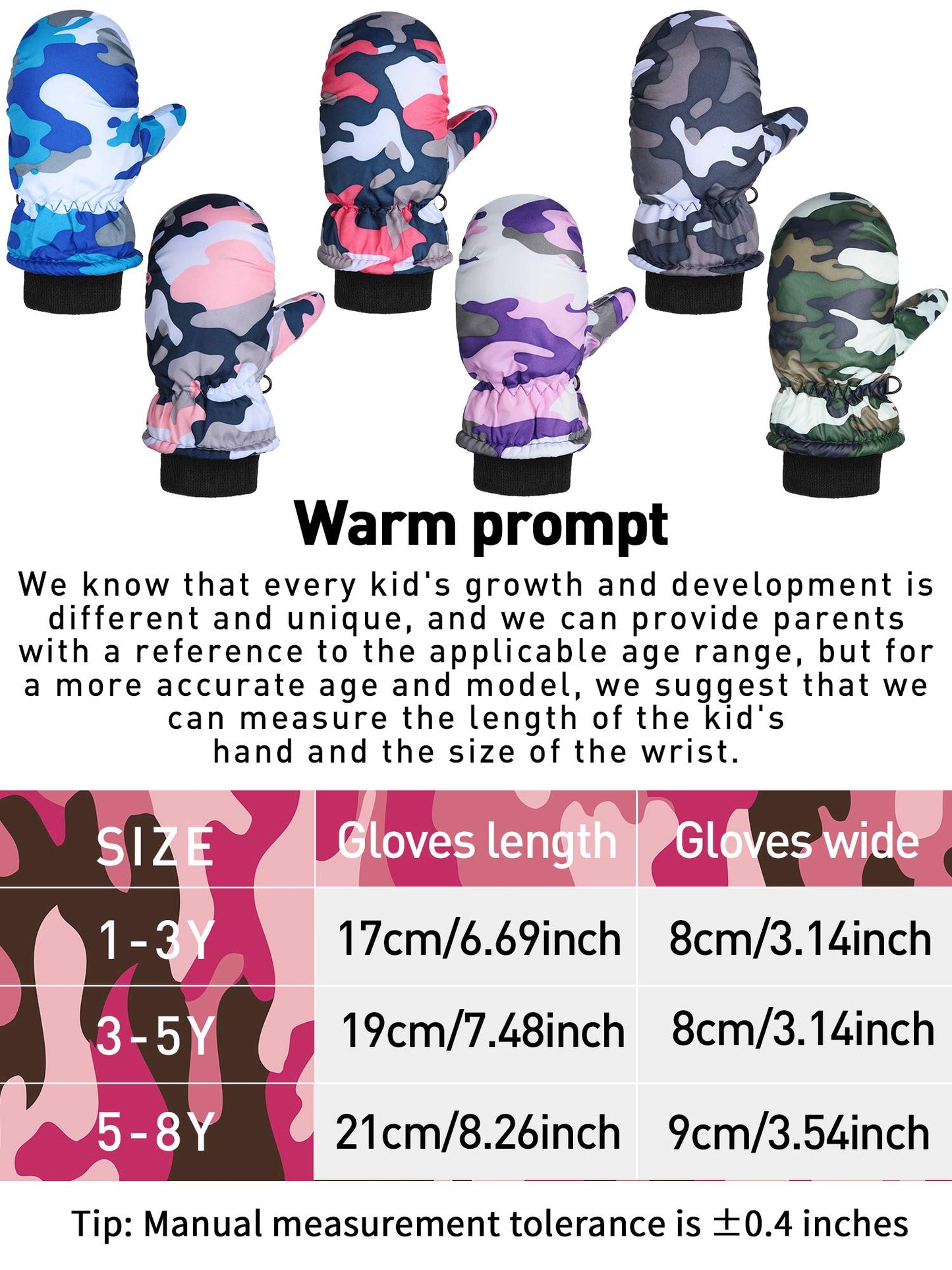 6 Pairs Waterproof Gloves Kids Winter Snow Mittens Windproof Ski Gloves For Weather Children Outdoor Activities (Camouflage,3-5T