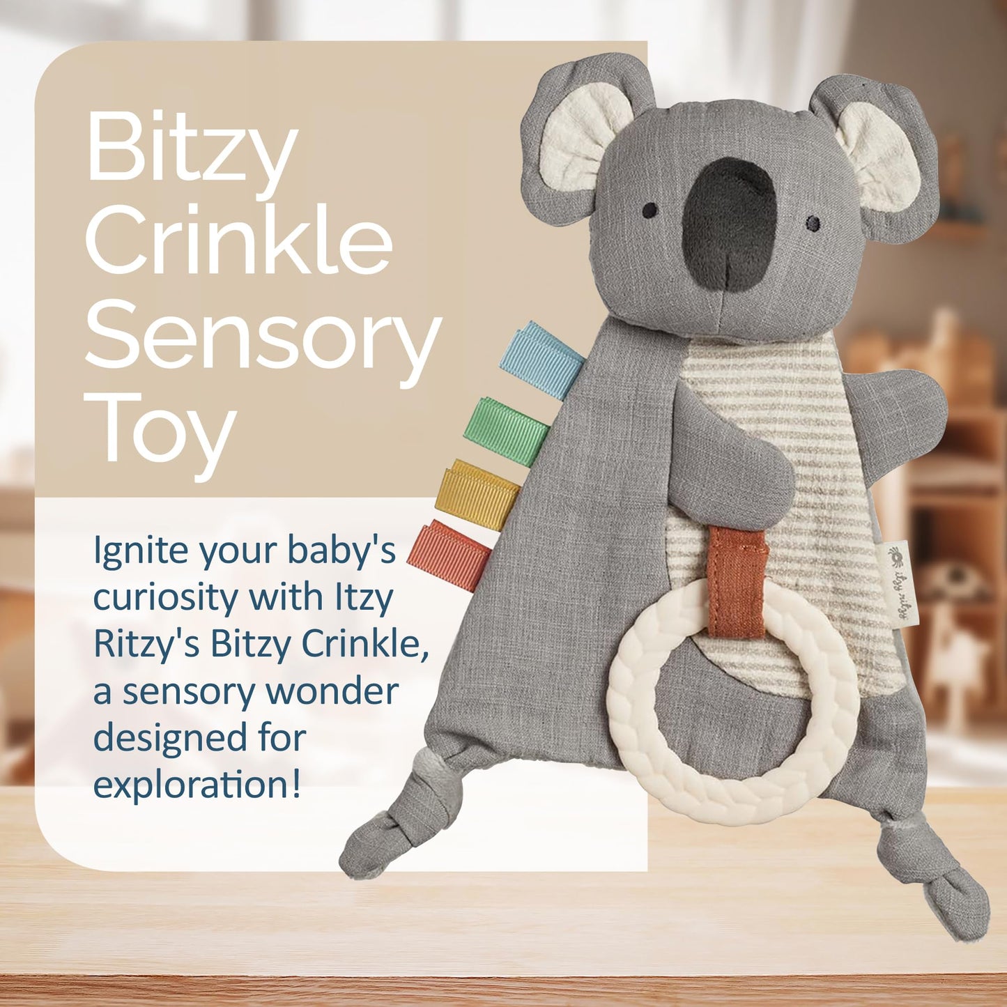 Itzy Ritzy - Bitzy Crinkle Sensory Toy Koala with Crinkle Sound for Babies & Toddlers - Features Soft Braided Teething Ring & Te