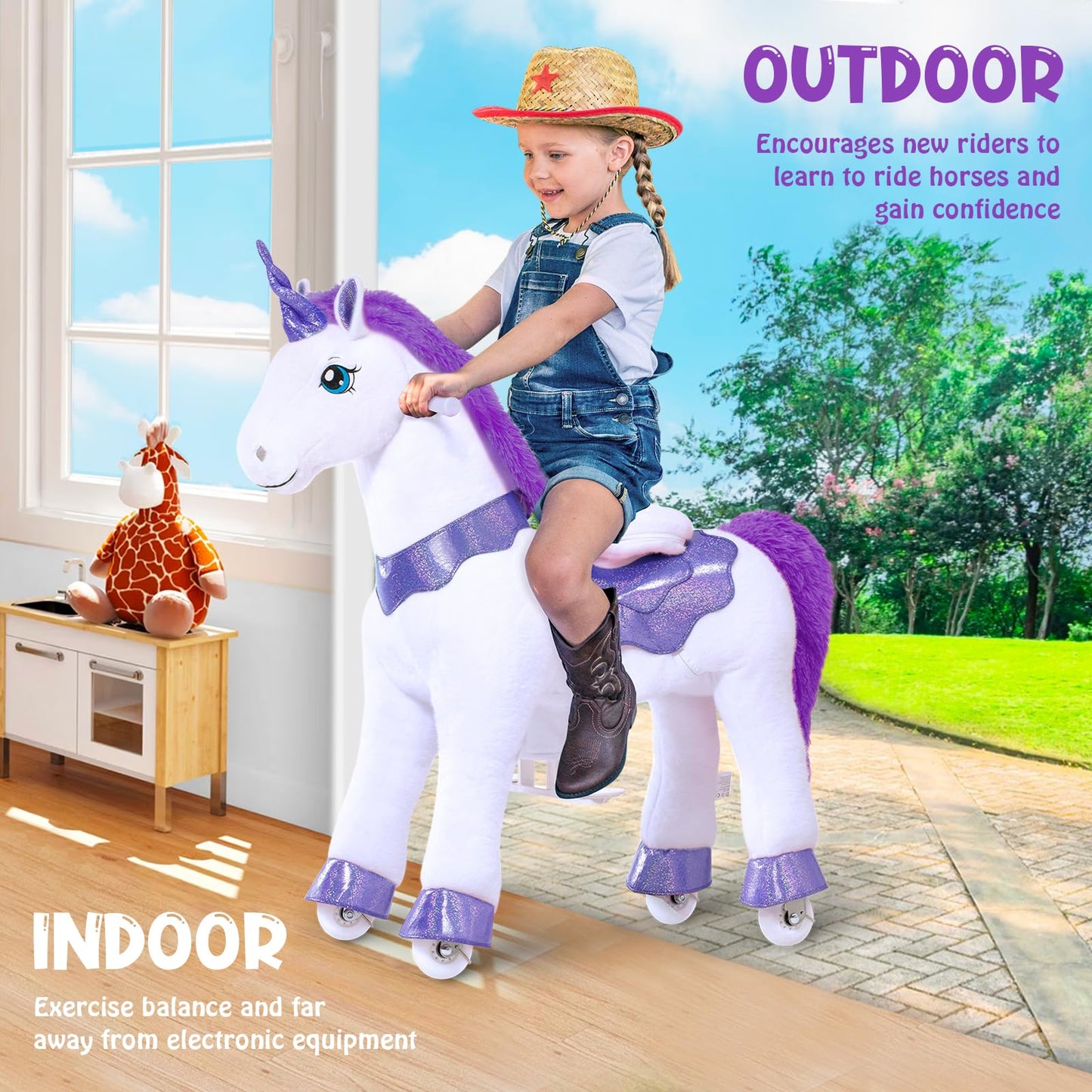 PonyCycle Ride on Unicorn for Kids 4-8 with Brake, Unicorn Gifts for Girls (35.4 Height/Size 4) Plush Interactive Riding Rocking