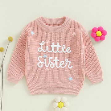 Amnnchya Toddler Infant Baby Girl Knit Sweater Big Sister Little Sister Matching Outfits Long Sleeve Pullover Sweatshirt (Pink F
