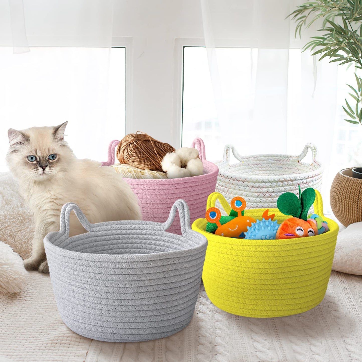 Cafshion Large Toy Basket With Cat Ears, Cute Basket Pet Toy Organizer With Handles Woven Cotton Rope Basket Decorative Basket N