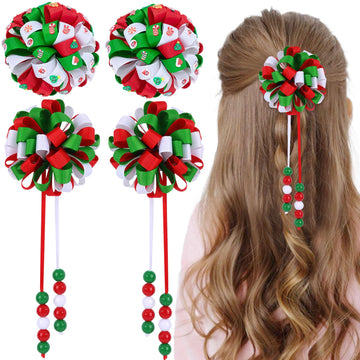 Cn 4 Pcs Mardi Gras Hair Bows For Girls, Flower Hair Accessories For Girls Green Yellow Purple Grosgrain Ribbon Bows With Alliga