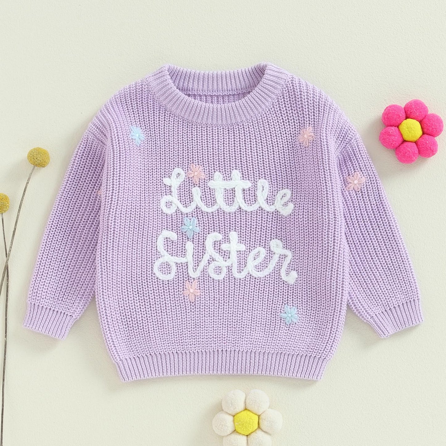 Amnnchya Toddler Infant Baby Girl Knit Sweater Big Sister Little Sister Matching Outfits Long Sleeve Pullover Sweatshirt (Purple