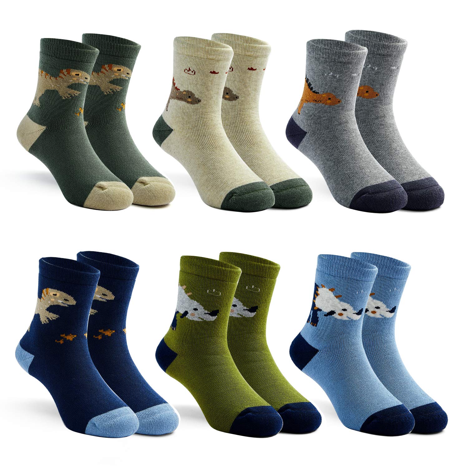 Howjojo Boys Winter Warm Socks Kids Cotton Crew Socks Cartoon Dinosaur Socks 6 Pack 8-10 Years