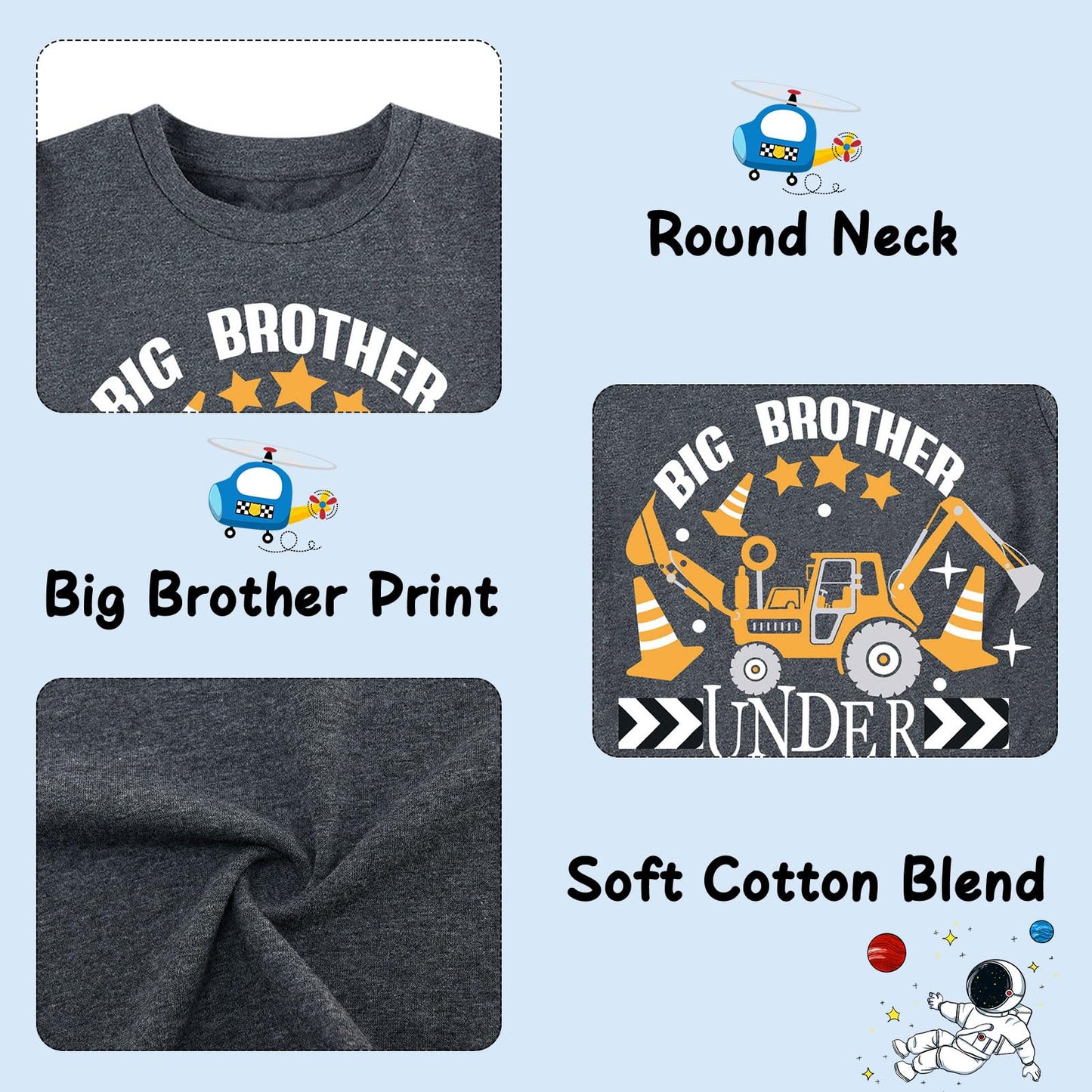 Funnycokid Big Brother Shirt 4T 3T Boys Promoted To Big Brother Backhoe Loader Construction Digging It T-Shirt Black Size 4 Preg