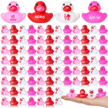 Jenaai 100 Pcs Valentines Day Bath Toys Ducks Assorted Pink Red White Mini Rubber Ducks Toy Bulk Small Tiny Ducky for Valentine