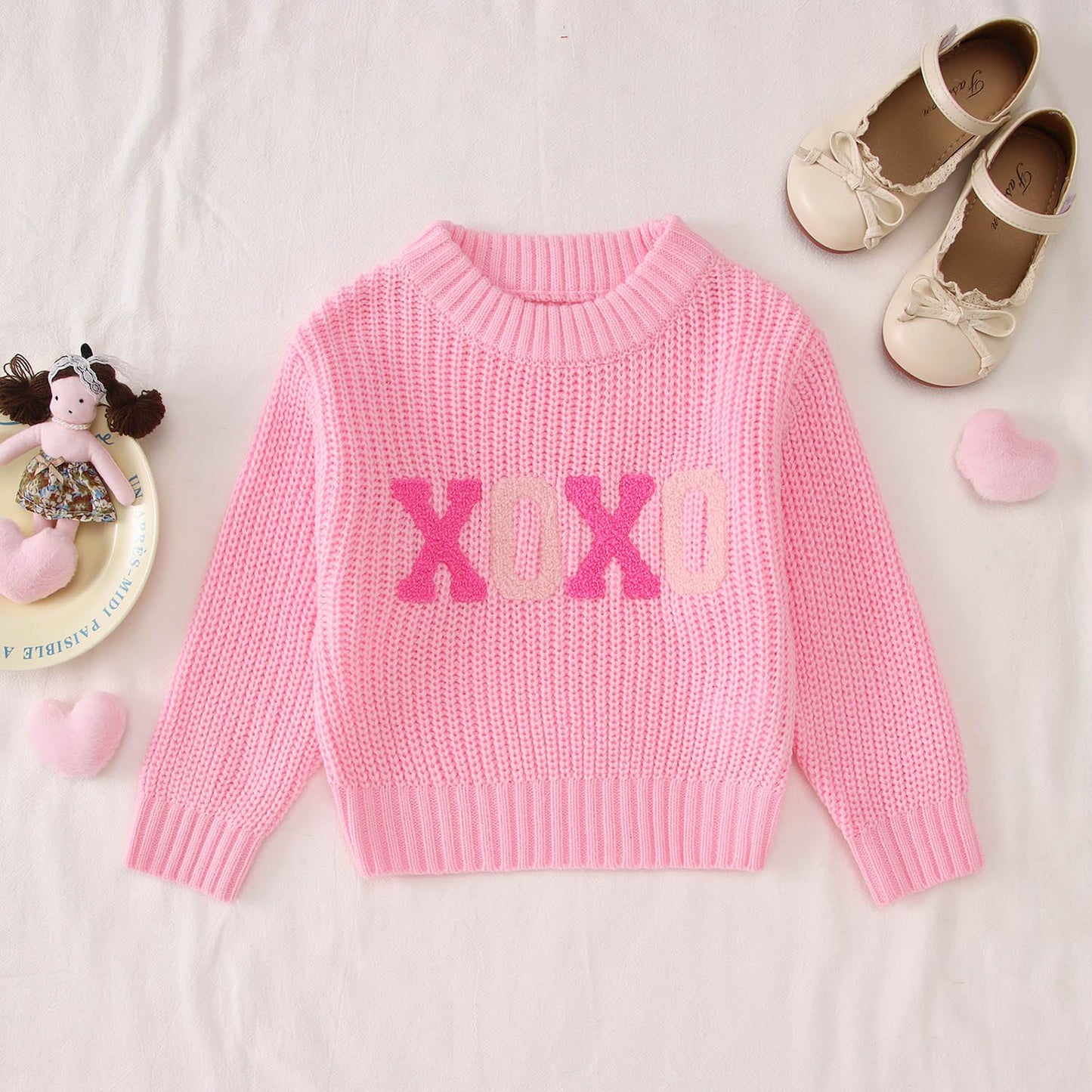 Toddler Girl Valentine'S Day Sweater Xoxo Chenille Patch Knit Sweater Chunky Long Sleeve Pullover Fall Winter Tops(Pink,2T(80))