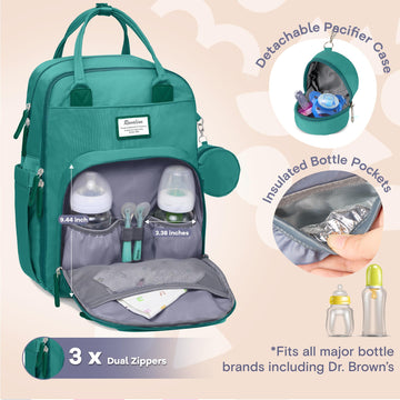 Ruvalino Diaper Bag Backpack, Multifunction Travel Pack Maternity Baby Changing Bags, Large Capacity, Waterproof, Turquoise
