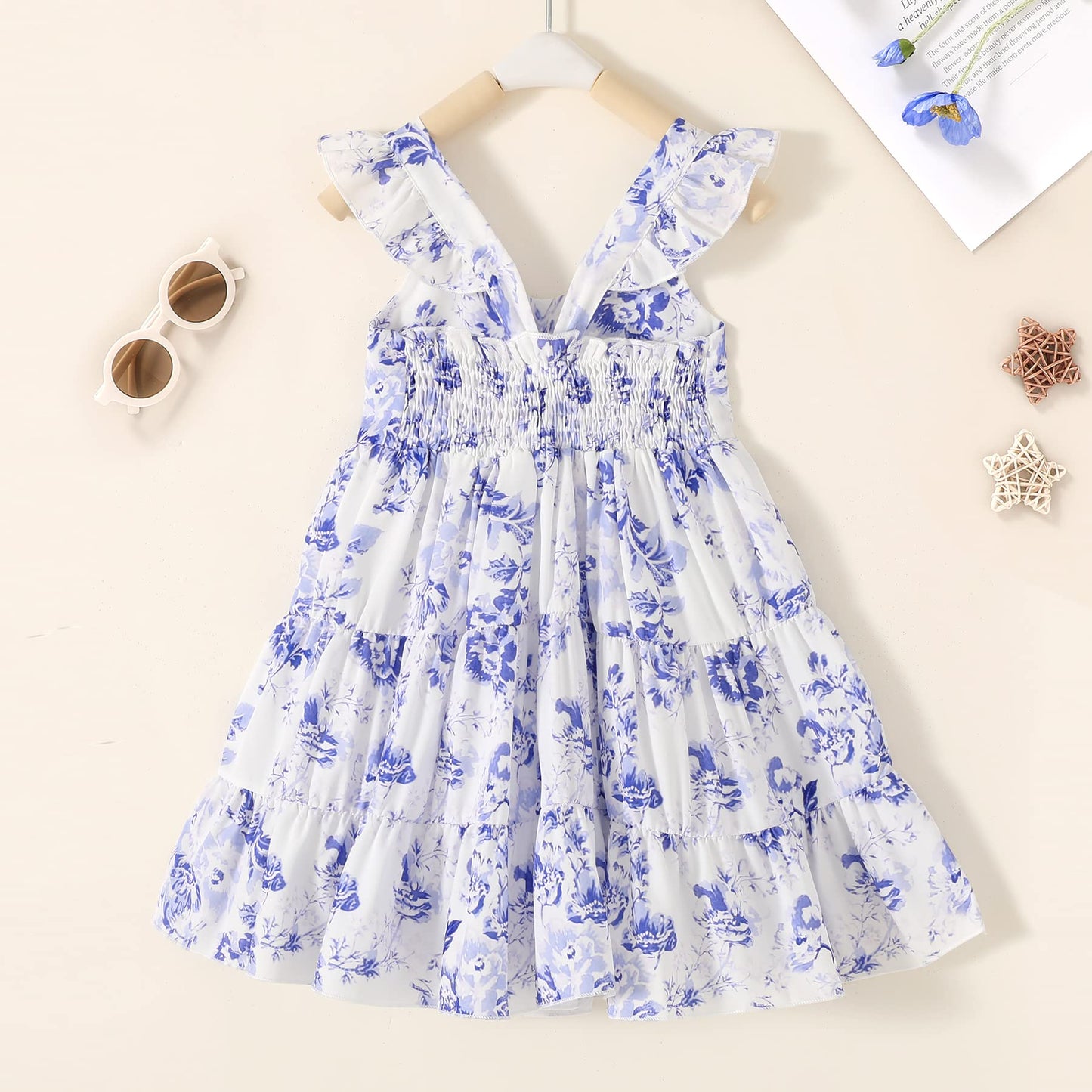 Younger Tree Toddler Baby Girl Dress Summer Outfits Floral Flutter Sleeve Smocked Dress Kids Causal Boho Dresses Clothes (12-18