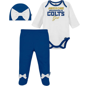 Nfl Baby Girls' 3Pc Bodysuit, Footed Pant, & Cap Set, Indianapolis Colts, 6-9 Months