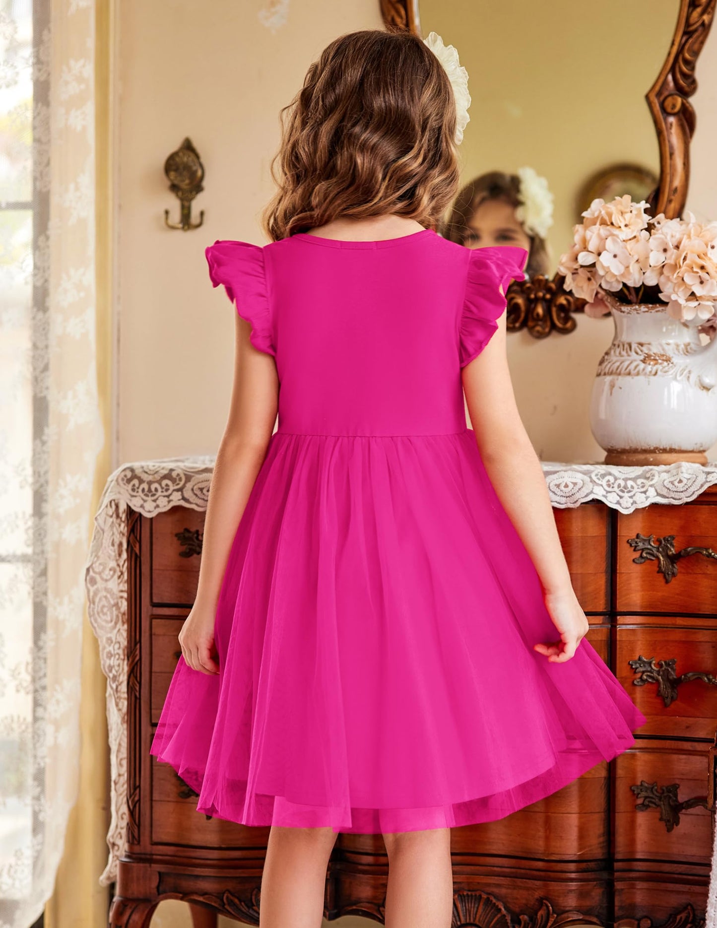 Flypigs Girl Dresses Toddler Ruffle Toddler Tutu Dress Casual Hot Pink Valentine Christmas Sundress For Kids For 4Years