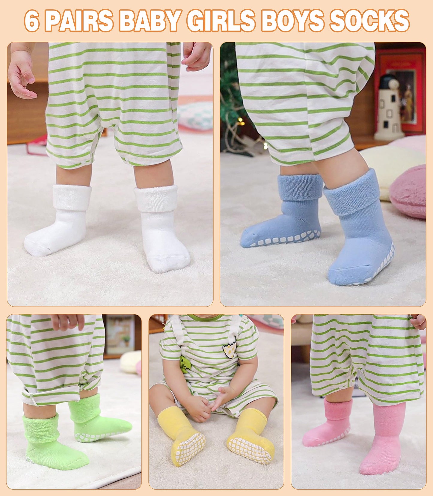 Lanleo Baby Girls Boys Non Slip Socks With Grips Toddler Kids Unisex Warm Thick Cotton Ankle Crew Socks With Grippers 6 Pairs Co