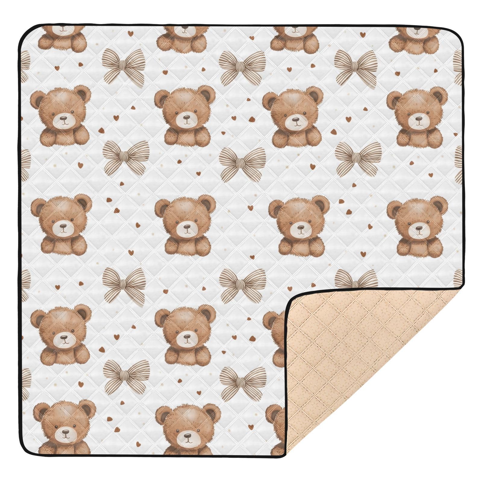 OTVEE Baby Play Mats for Floor Playpen Cute Brown Bears Bows 50x50 Inch Infants Toddlers Crawling Mat Soft Foam Padded Foldable 