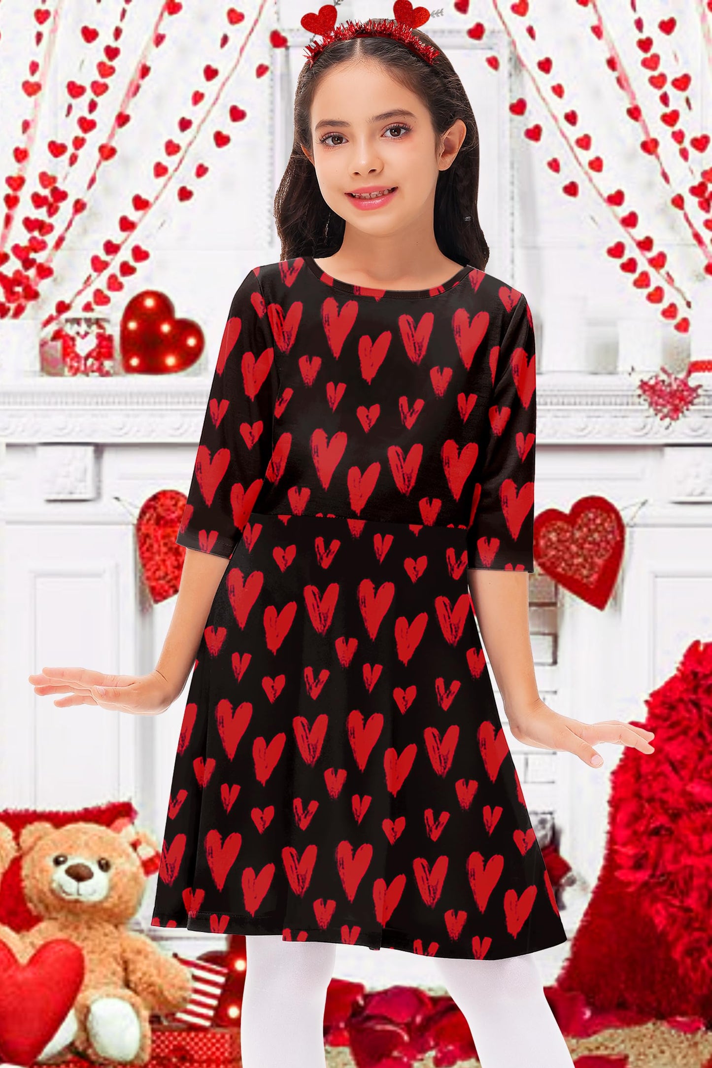 Kid Valentine'S Day Girls Funny Sweet Love Printed Cute Hearts A-Line Swing Dress 9-10 Years