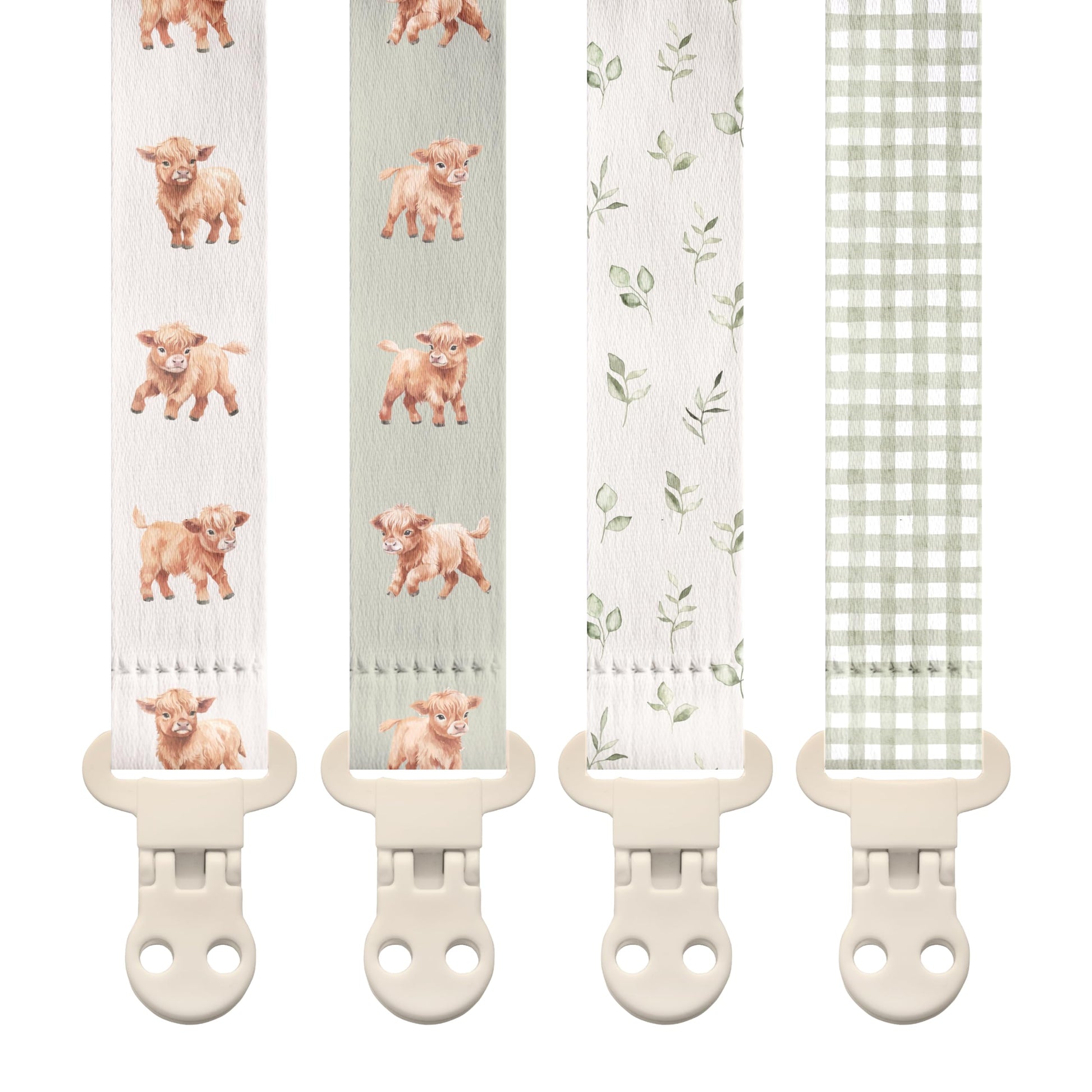 Stadela Baby Fabric Pacifier Clip Holder, Plastic Clip, 4-Pack, Farm Pattern, Rowan Set