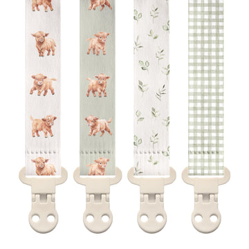 Stadela Baby Fabric Pacifier Clip Holder, Plastic Clip, 4-Pack, Farm Pattern, Rowan Set