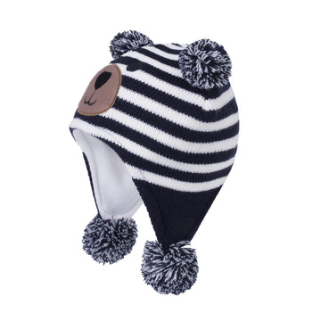 Langzhen Toddler Kids Infant Winter Hat,Earflap Knit Warm Cap Fleece Lined Beanie For Baby Boys (Bear -Navy Stripe, S(46-48Cm/18