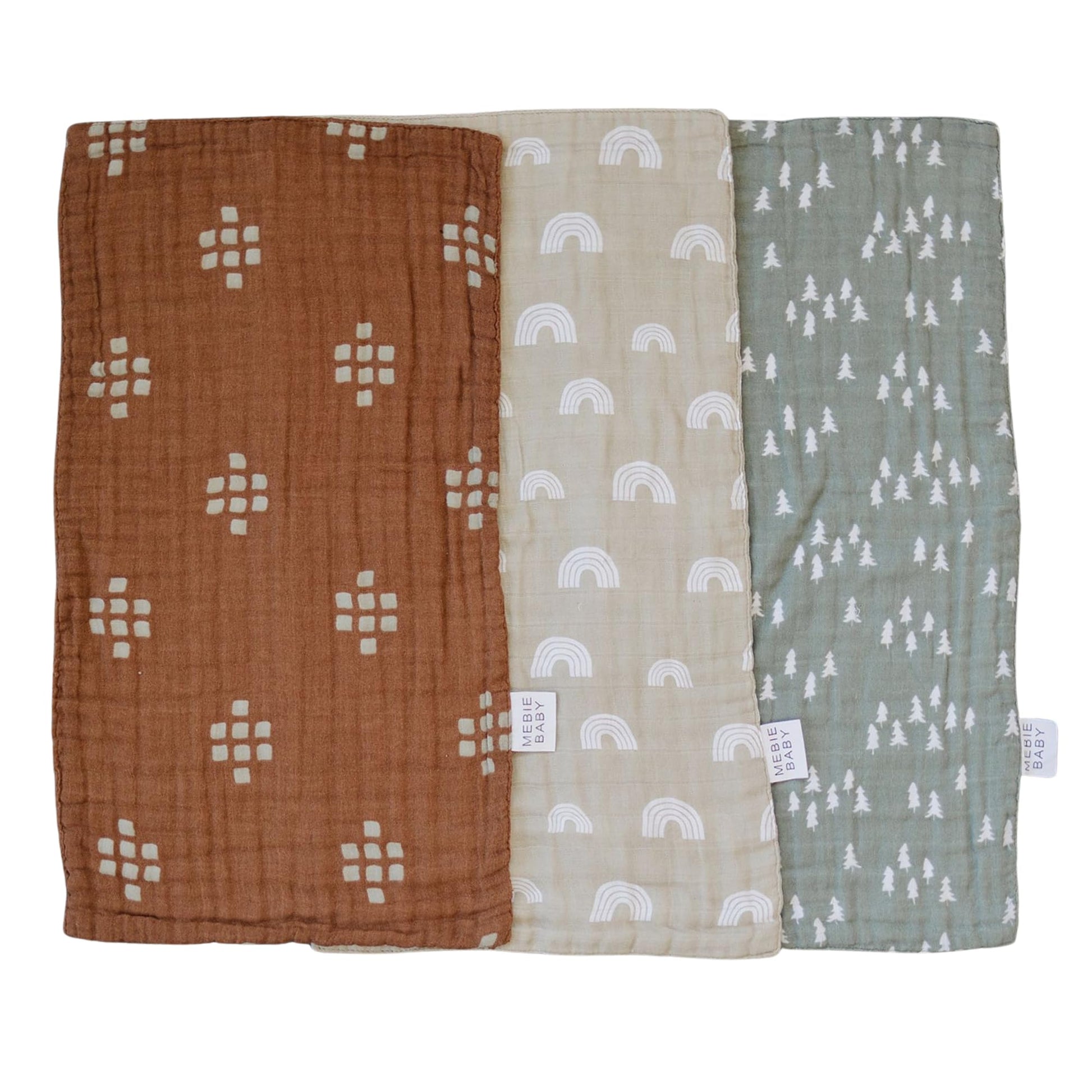 Mebie Baby Burp Cloths, Woods Print 3-Pack, Muslin Burp Cloth Set for Spit Up, Drool, and More, Boho Burp Cloths for Baby Boy an