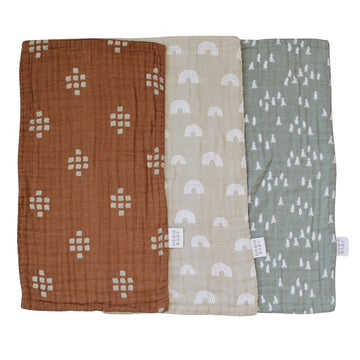Mebie Baby Burp Cloths, Woods Print 3-Pack, Muslin Burp Cloth Set for Spit Up, Drool, and More, Boho Burp Cloths for Baby Boy an