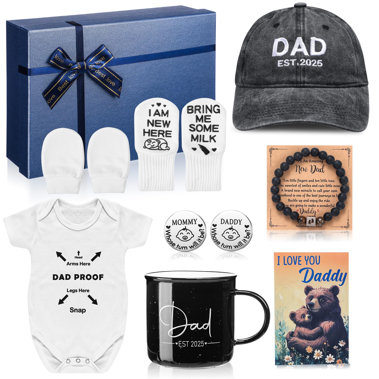Shyyween 9 Pcs New Dads Gifts for Men 2025 Soon to Be Dads Gifts Daddy to Be Bracelet Hat Mug Decision Coin Baby Gloves Socks an