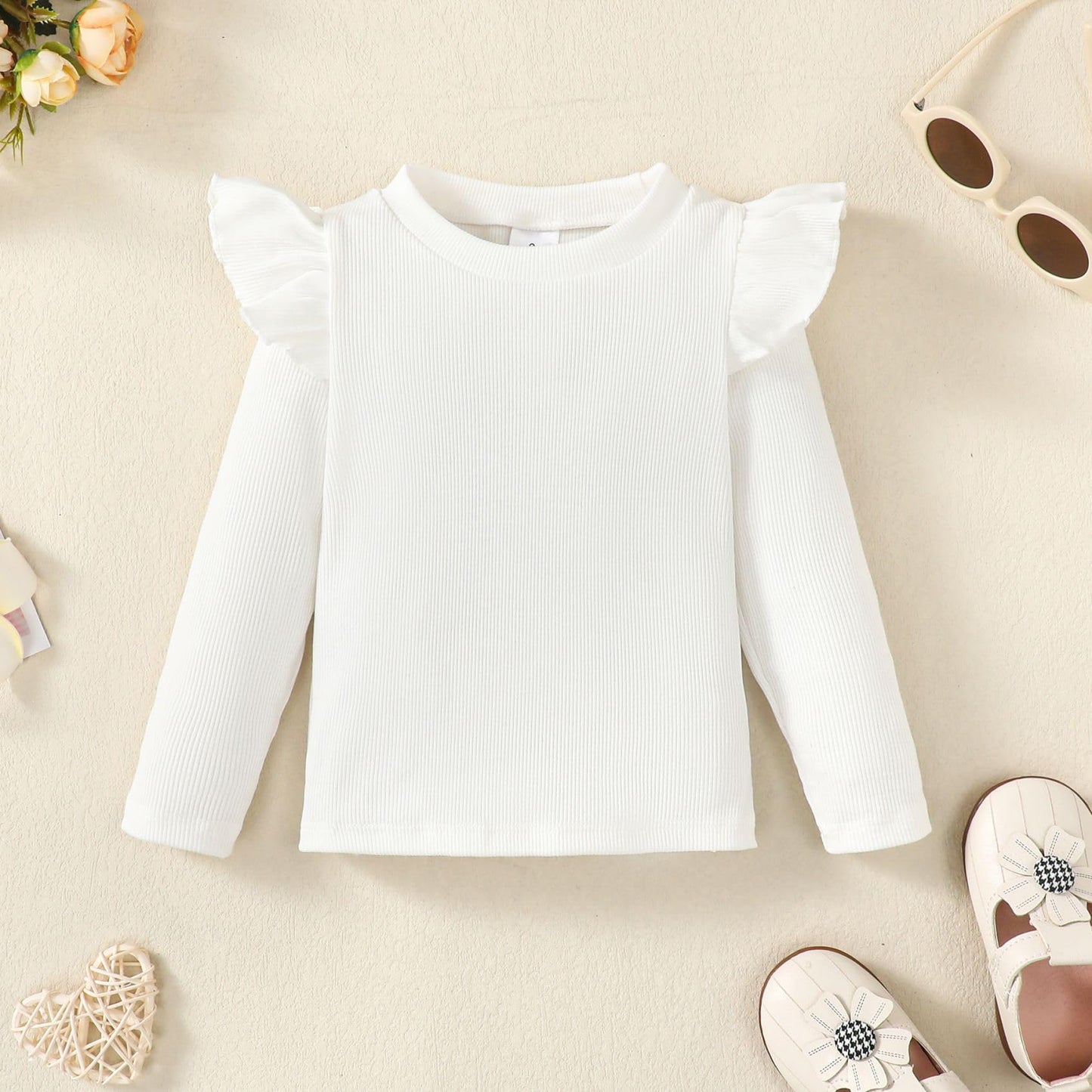 Opawo Toddler Girl Shirts Ruffle Long Sleeve Baby Tee Tops, Ribbed Toddler Girl Blouse, Fall Baby Girl Clothes 2-Pack 12M-4T(Bla