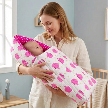 Fareto 3 In 1 Baby Bed, Sleeping Bag & Carry Nest, Cotton Baby Bedding For New Born (06 Months, Pink Elephant), Lightweight