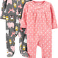 Simple Joys By Carter'S Baby Girls' Fleece Footed Sleep And Play, Pack Of 2, Charcoal Forest Animals/Light Pink Dots, Newborn