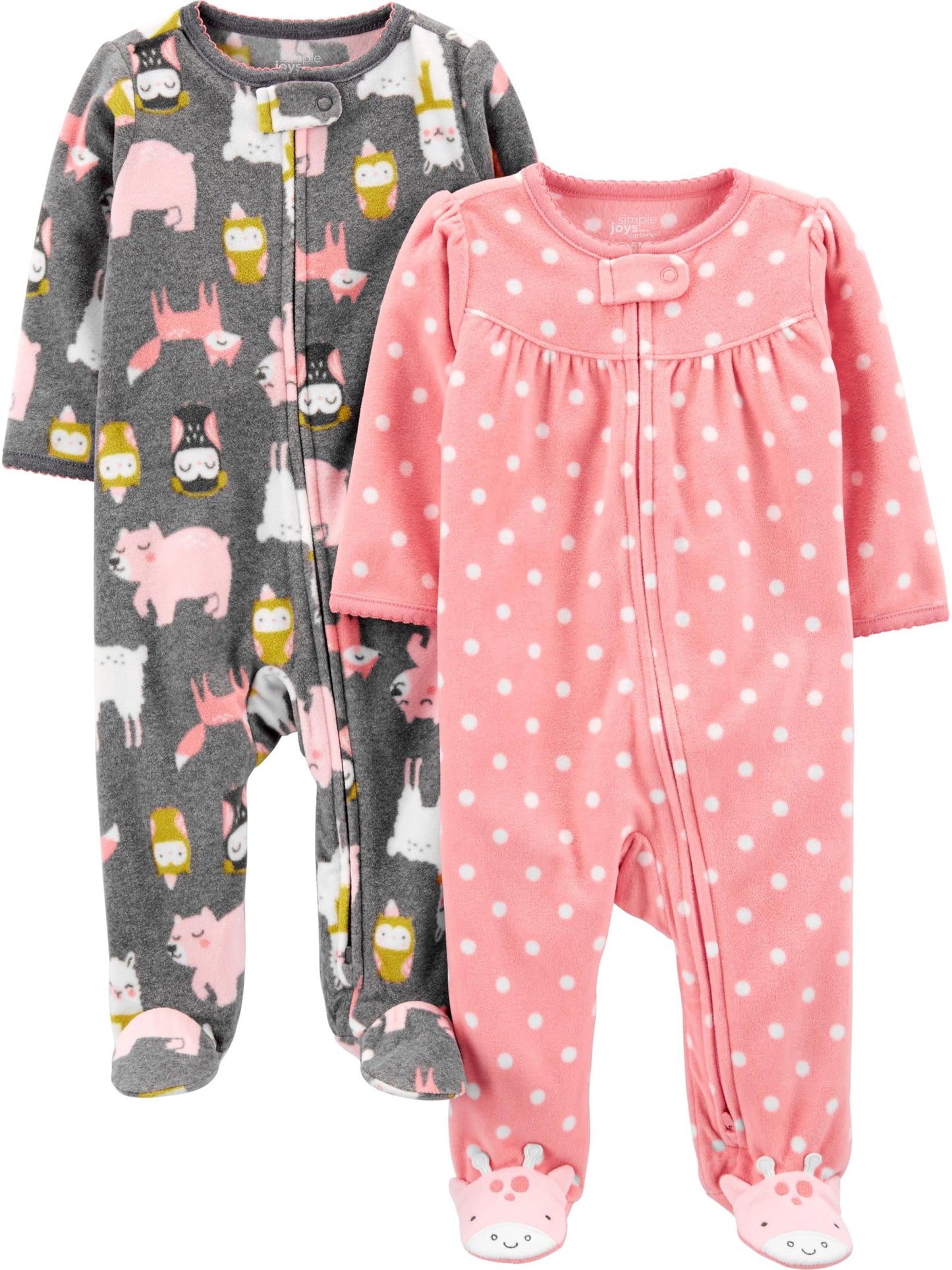 Simple Joys By Carter'S Baby Girls' Fleece Footed Sleep And Play, Pack Of 2, Charcoal Forest Animals/Light Pink Dots, 0-3 Months