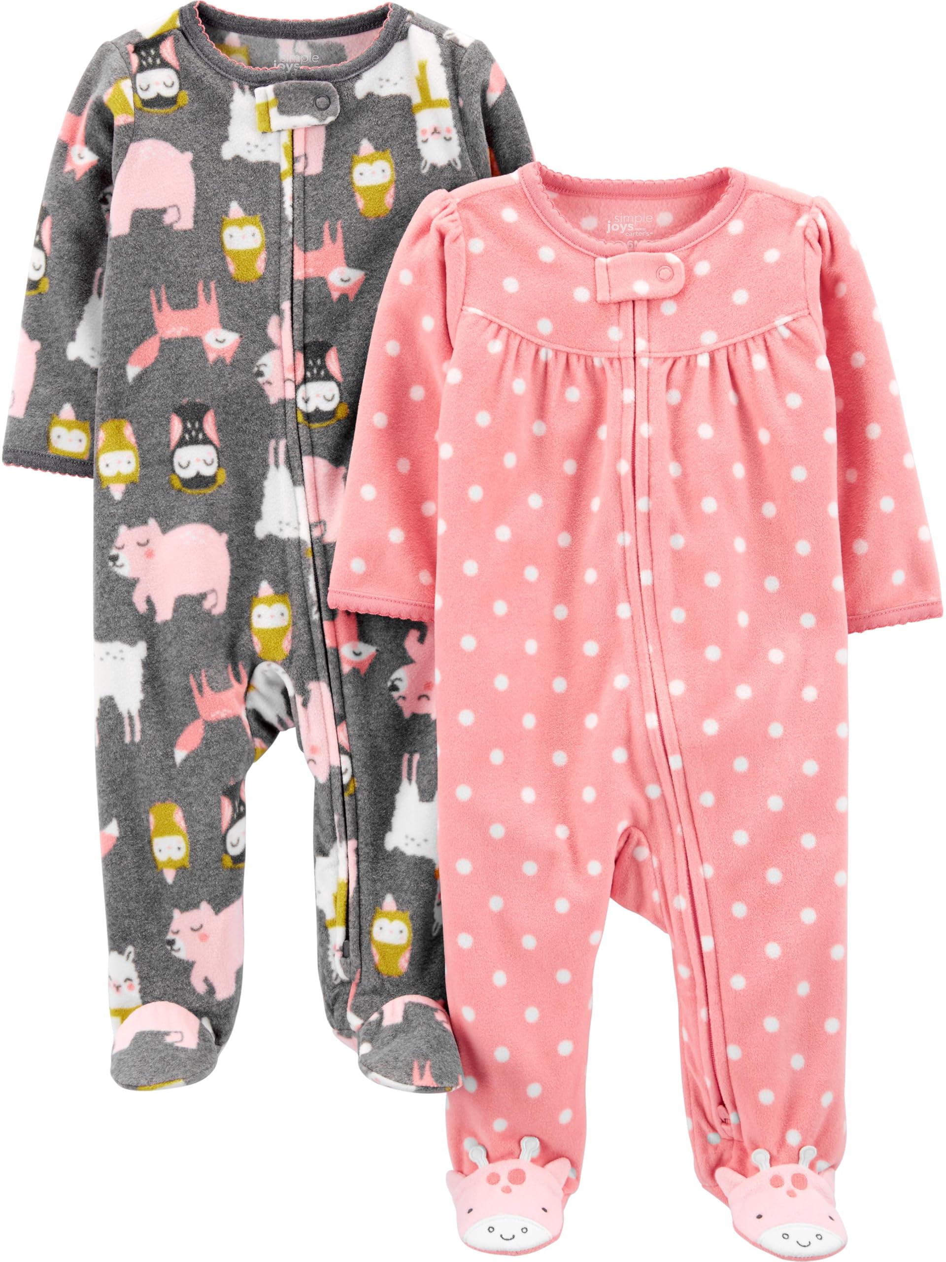 Simple Joys By Carter'S Baby Girls' Fleece Footed Sleep And Play, Pack Of 2, Charcoal Forest Animals/Light Pink Dots, 0-3 Months