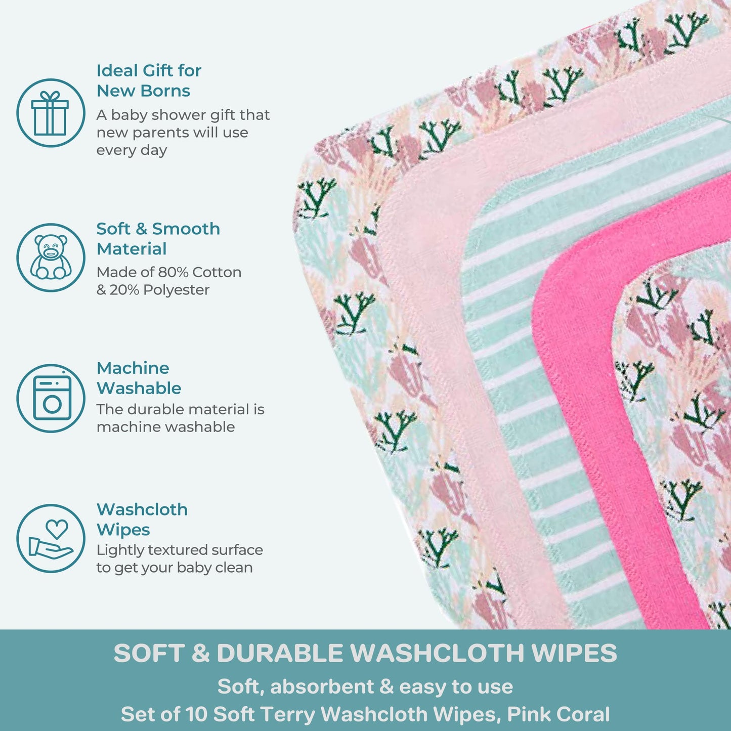 Spasilk Washcloth Wipes Set For Newborn Boys And Girls, Soft Terry Washcloth Set, Pack Of 10, Pink Coral