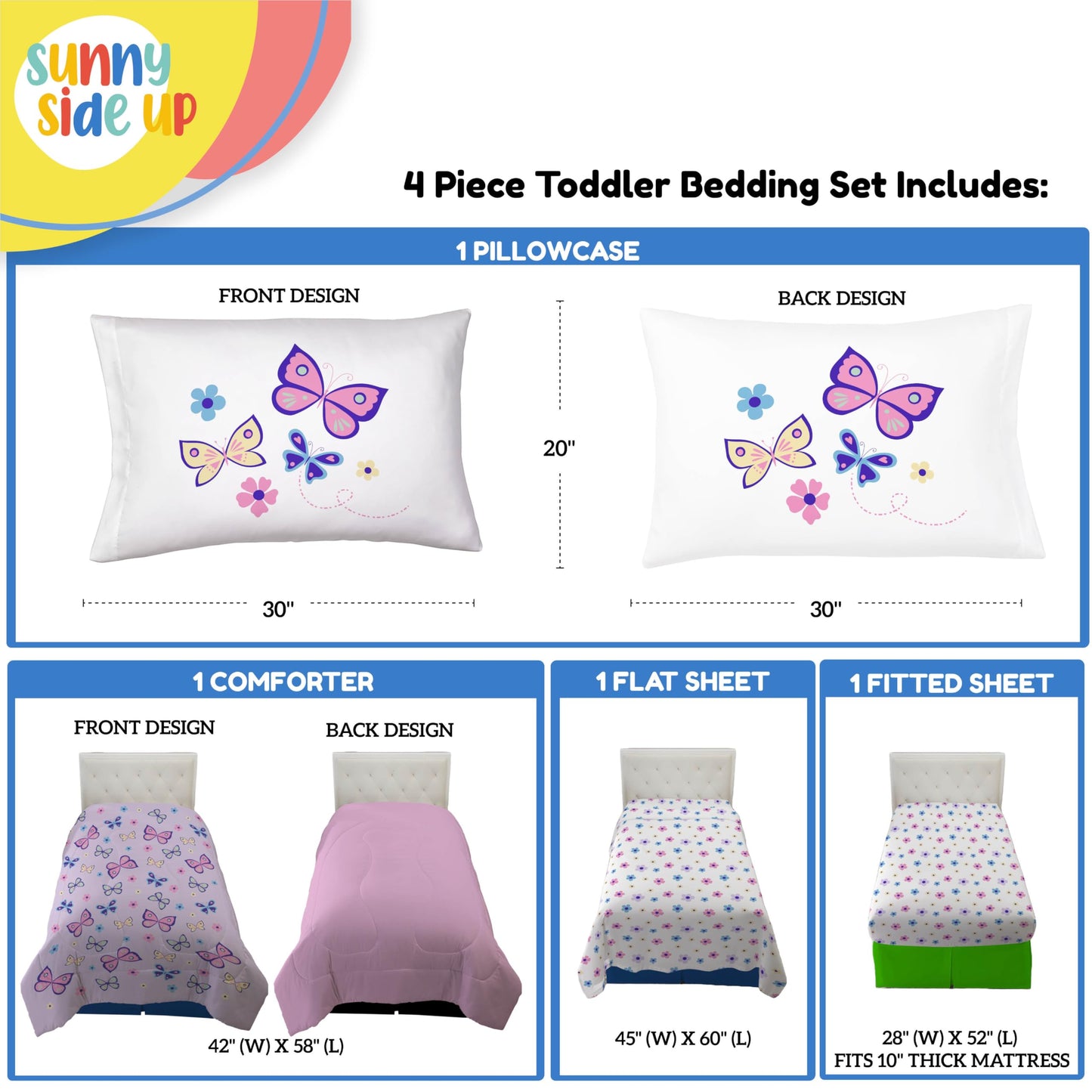 Sunny Side Up Butterfly Toddler Comforter Set - 4 Piece Toddler Bedding Includes Comforter, Sheets & Pillow Cover - Super Soft P