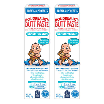 Boudreaux'S Butt Paste For Sensitive Skin Diaper Rash Cream, Ointment For Baby, 4 Oz Tube, 2 Pack