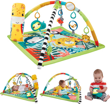 Fisher-Price Baby Playmat 3-In-1 Rainforest Sensory Gym With Music & Lights, Tummy Wedge & 5 Developmental Toys For Newborns 0+