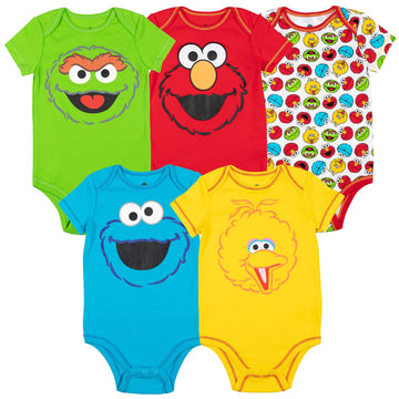 Sesame Street Elmo Cookie Monster Oscar The Grouch Big Bird Infant Baby Boys 5 Pack Bodysuits White 18 Months