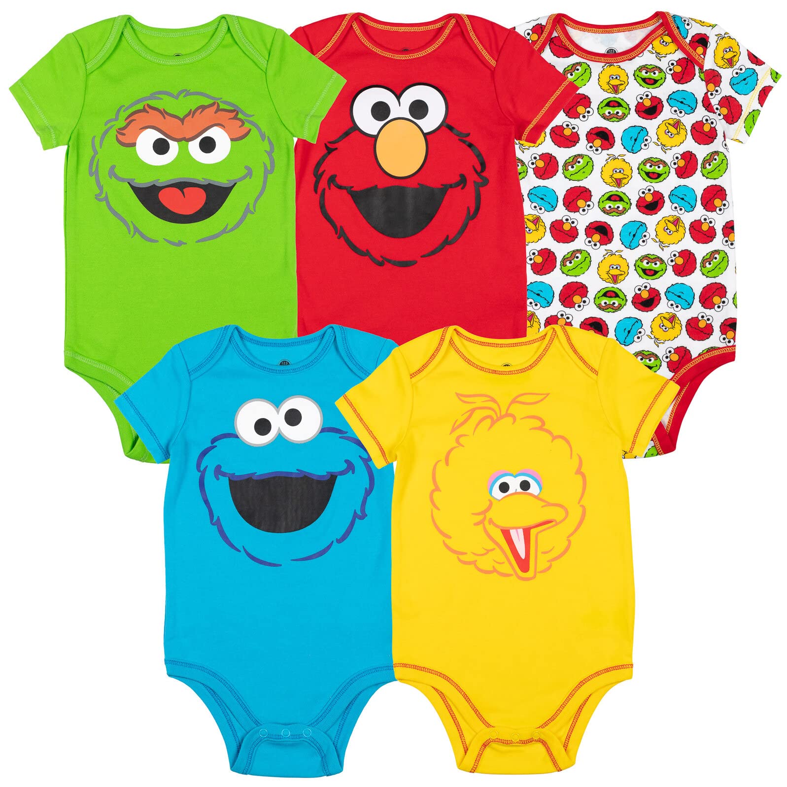 Sesame Street Elmo Cookie Monster Oscar The Grouch Big Bird Newborn Baby Boys 5 Pack Bodysuits White 6-9 Months