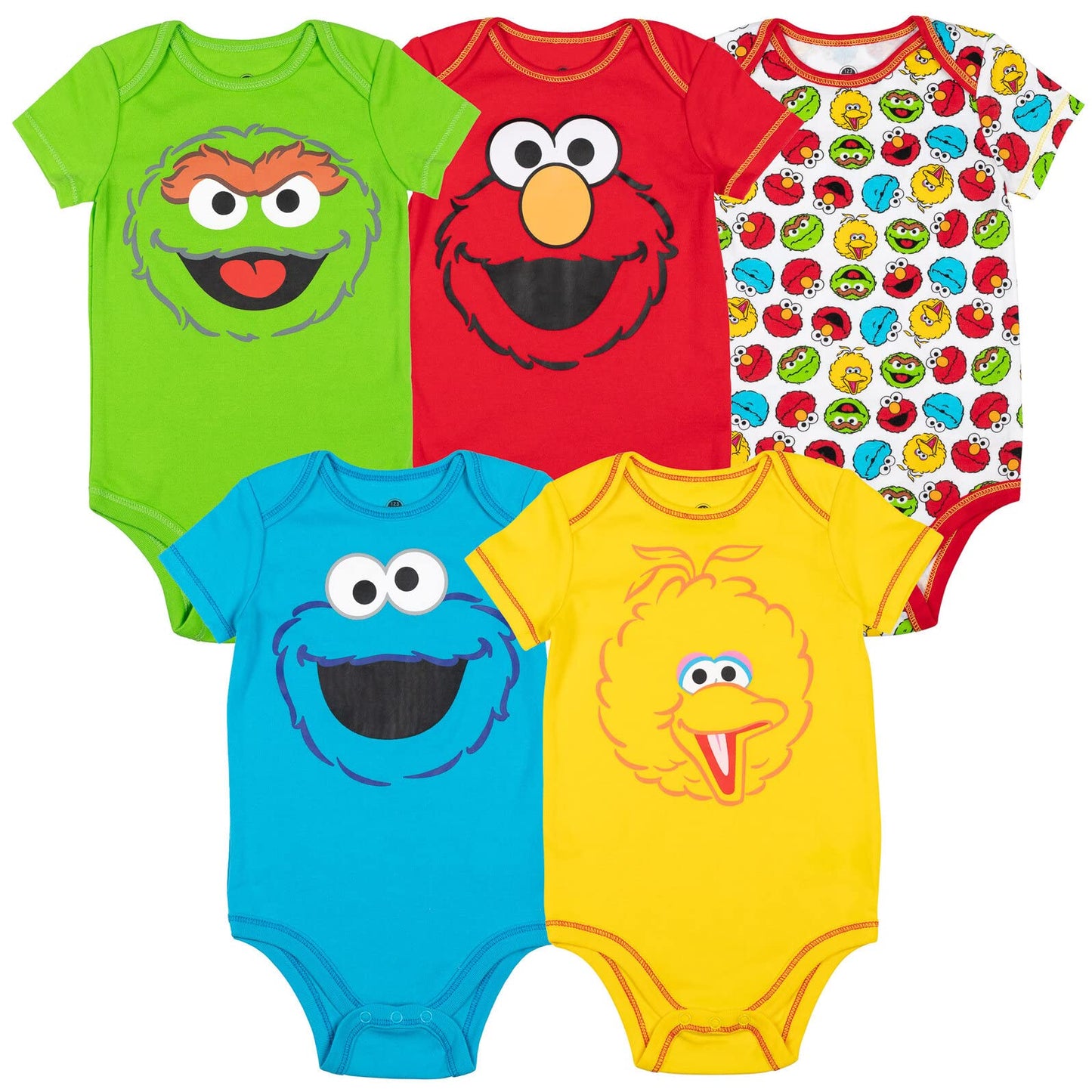 Sesame Street Elmo Cookie Monster Oscar The Grouch Big Bird Infant Baby Boys 5 Pack Bodysuits White 12 Months