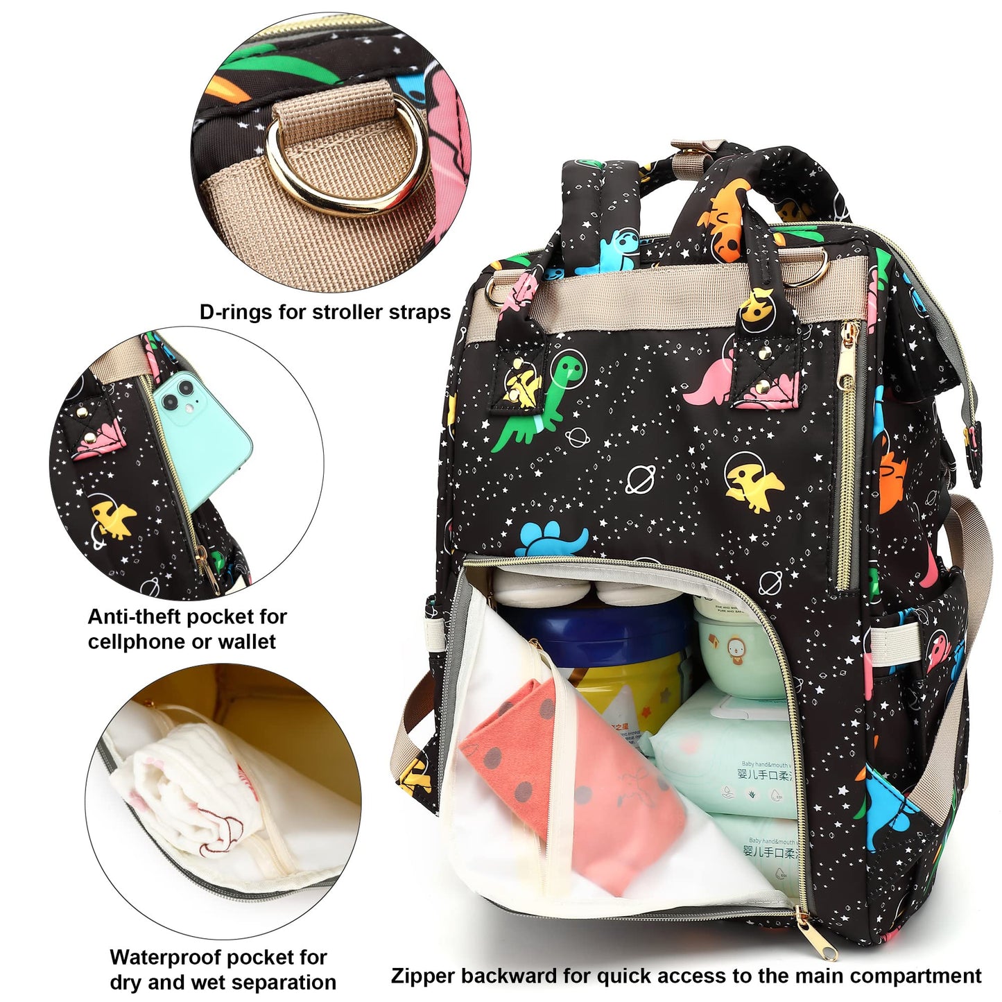 Xunteny Dinosaur Baby Diaper Bag Backpack For Girls Boys, Waterproof Large Maternity Nappy Bags For Mom