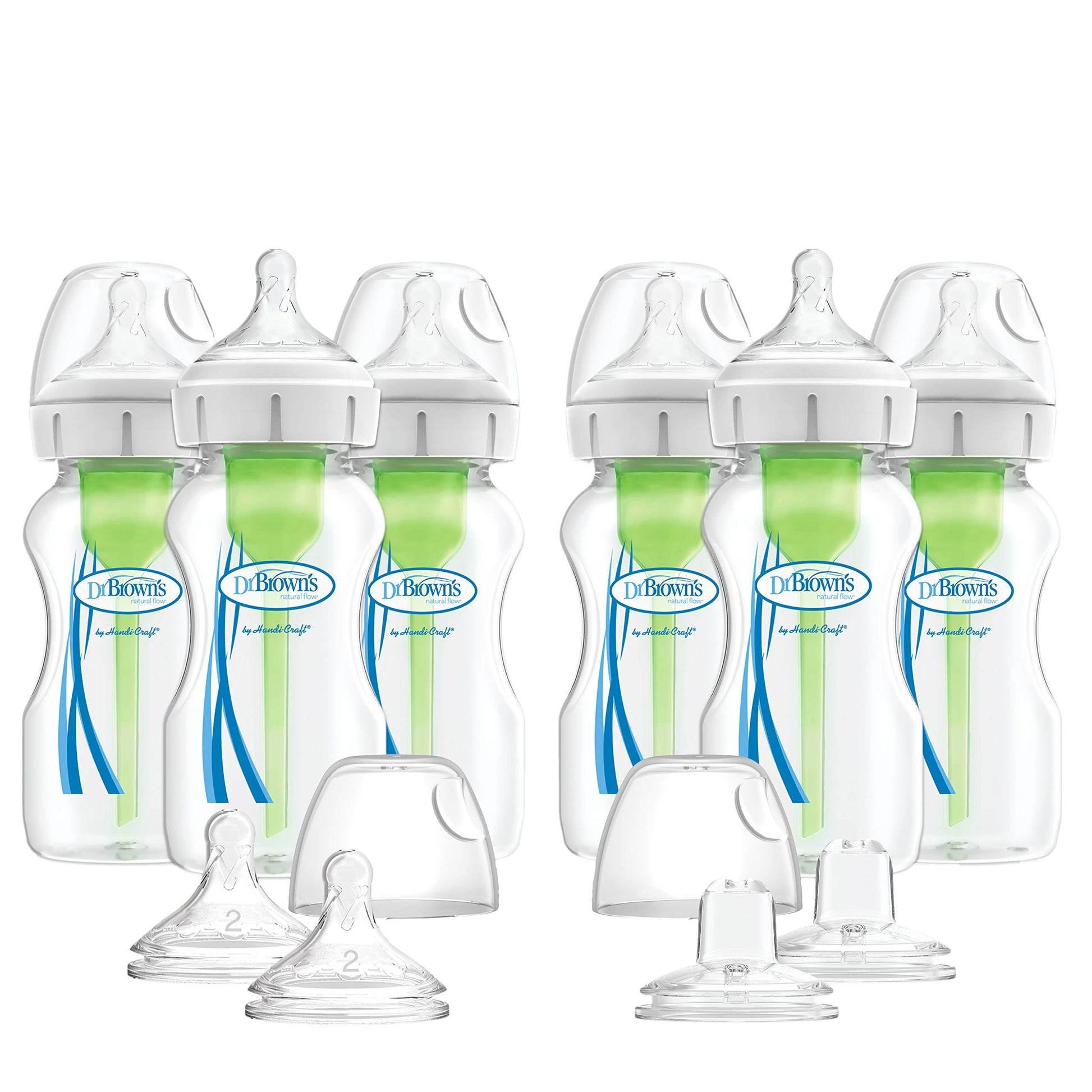 Dr. Browns Natural Flow Anti-Colic Options+ Wide Baby Bottles, 9 Oz/270Ml, With Level 1 Slow Flow Nipple, 6 Pack Plus 2 Bonus Le