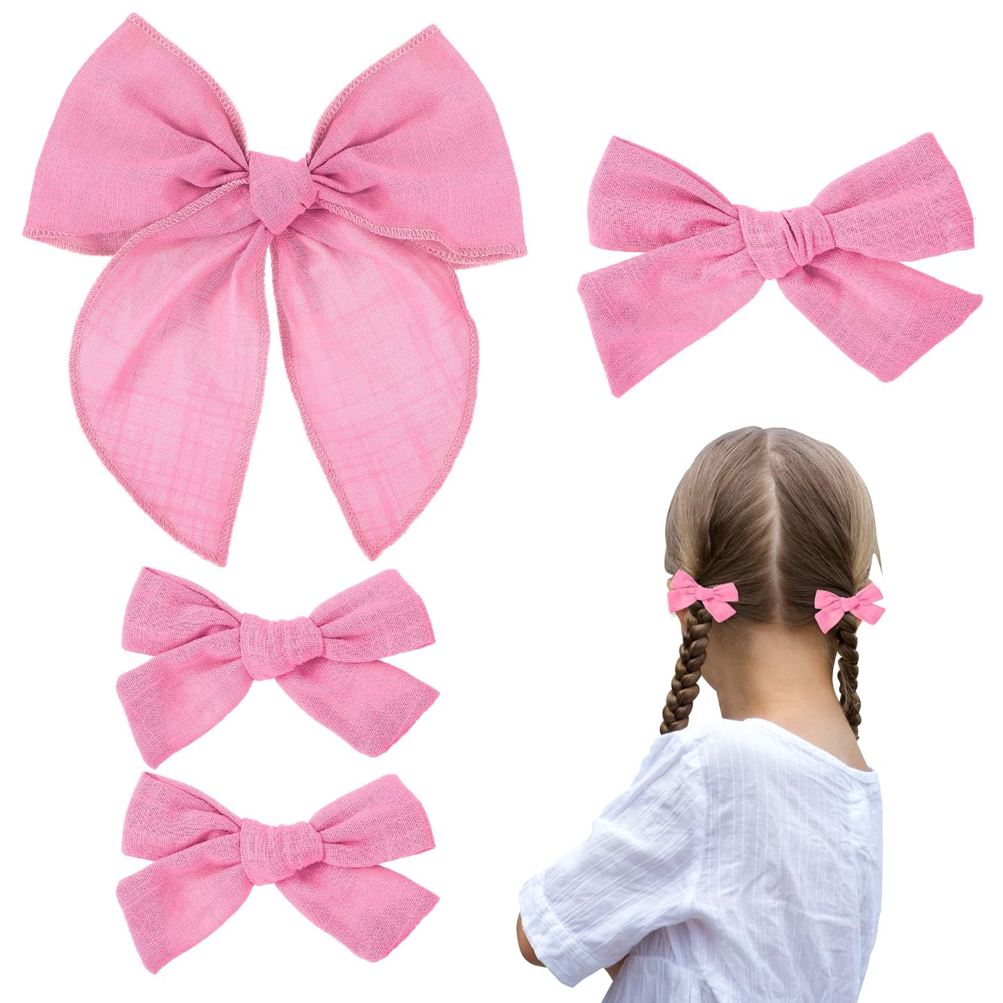 Fanmayhe 4 Pcs Pink Cotton Linen Hair Bows, Girls Bows for Hair, Toddler Hair Bows, Alligator Clips Knot Hair Bows for Girls, Li