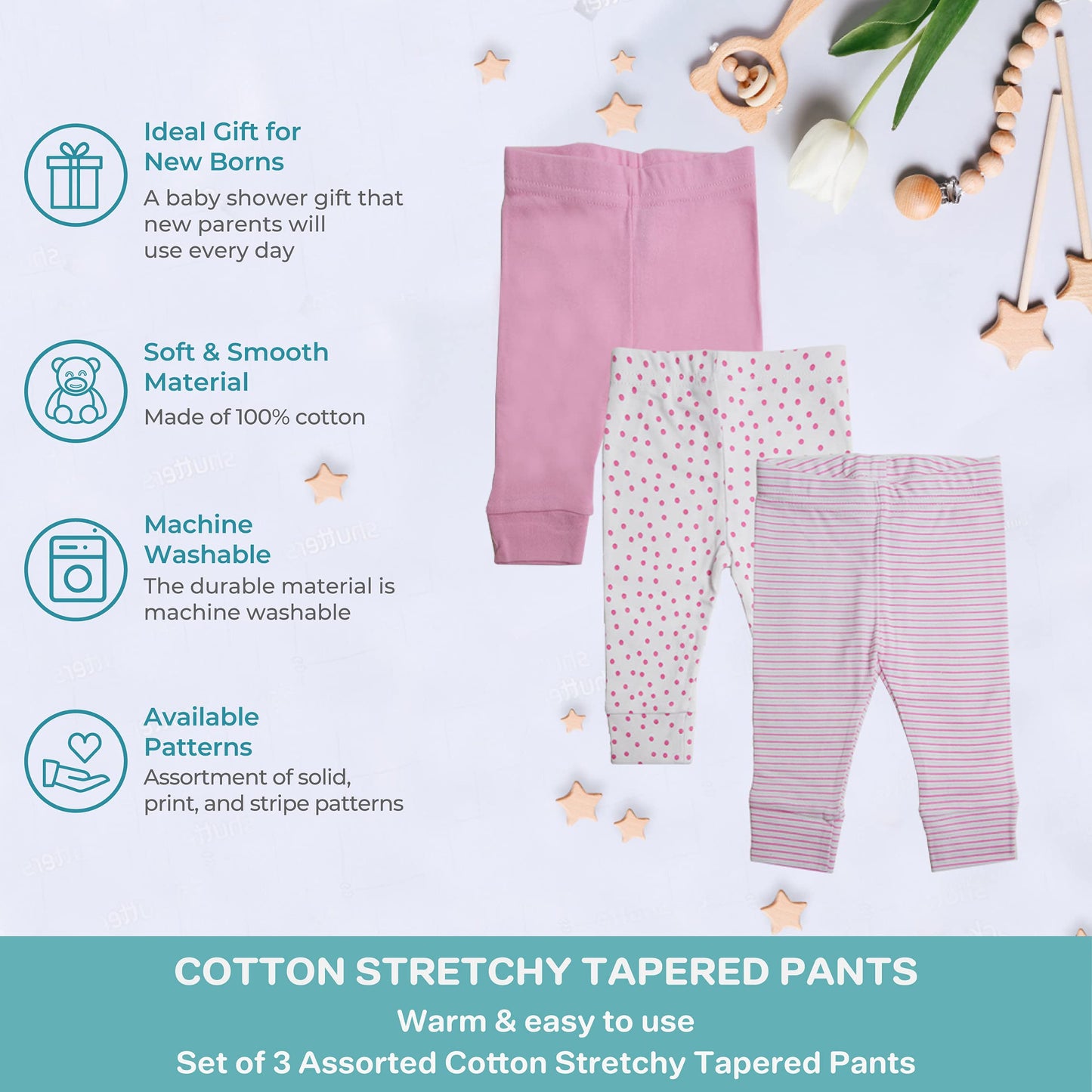 Spasilk Tapered Pants, Girls Cotton Pants, 3 Pack, Pink Dots, 18 Months
