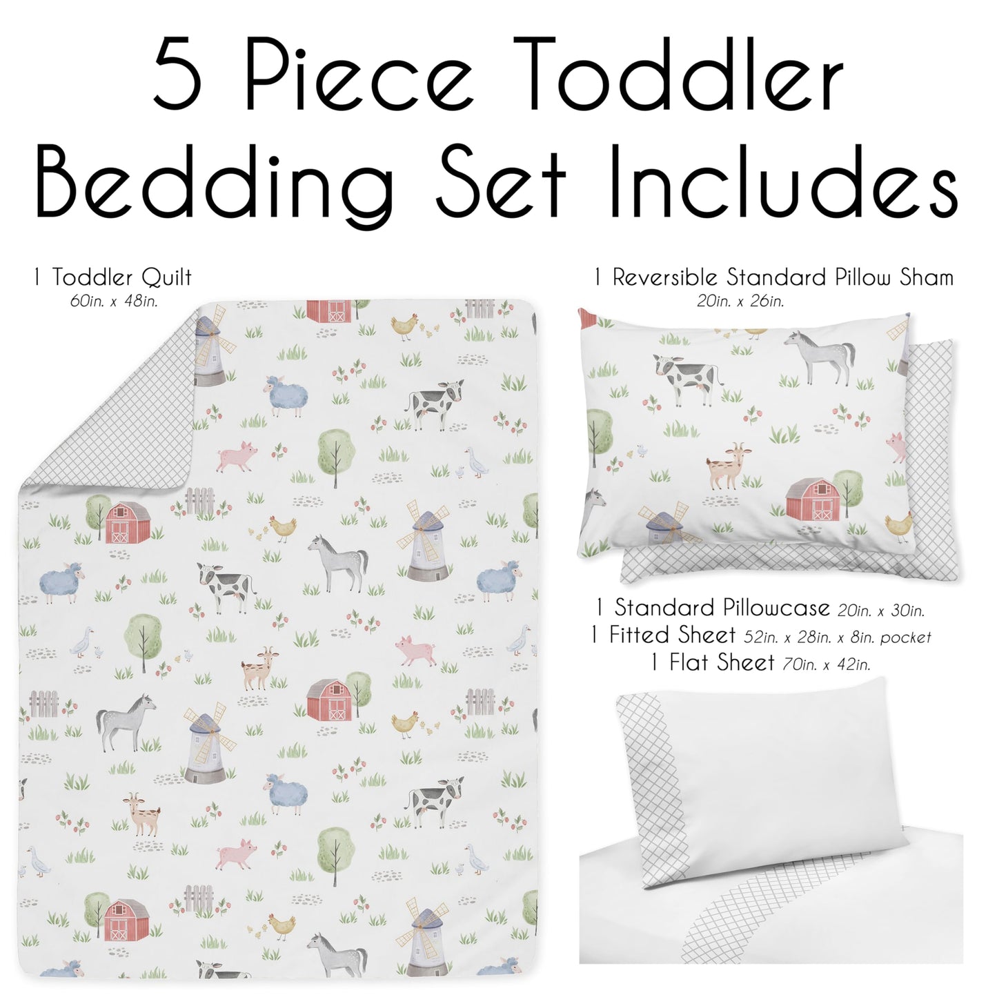 Sweet Jojo Designs Farm Animals Boy Girl Toddler Kid Childrens Comforter Bedding Set - 5 Pieces Comforter, Sham And Sheets - Wat