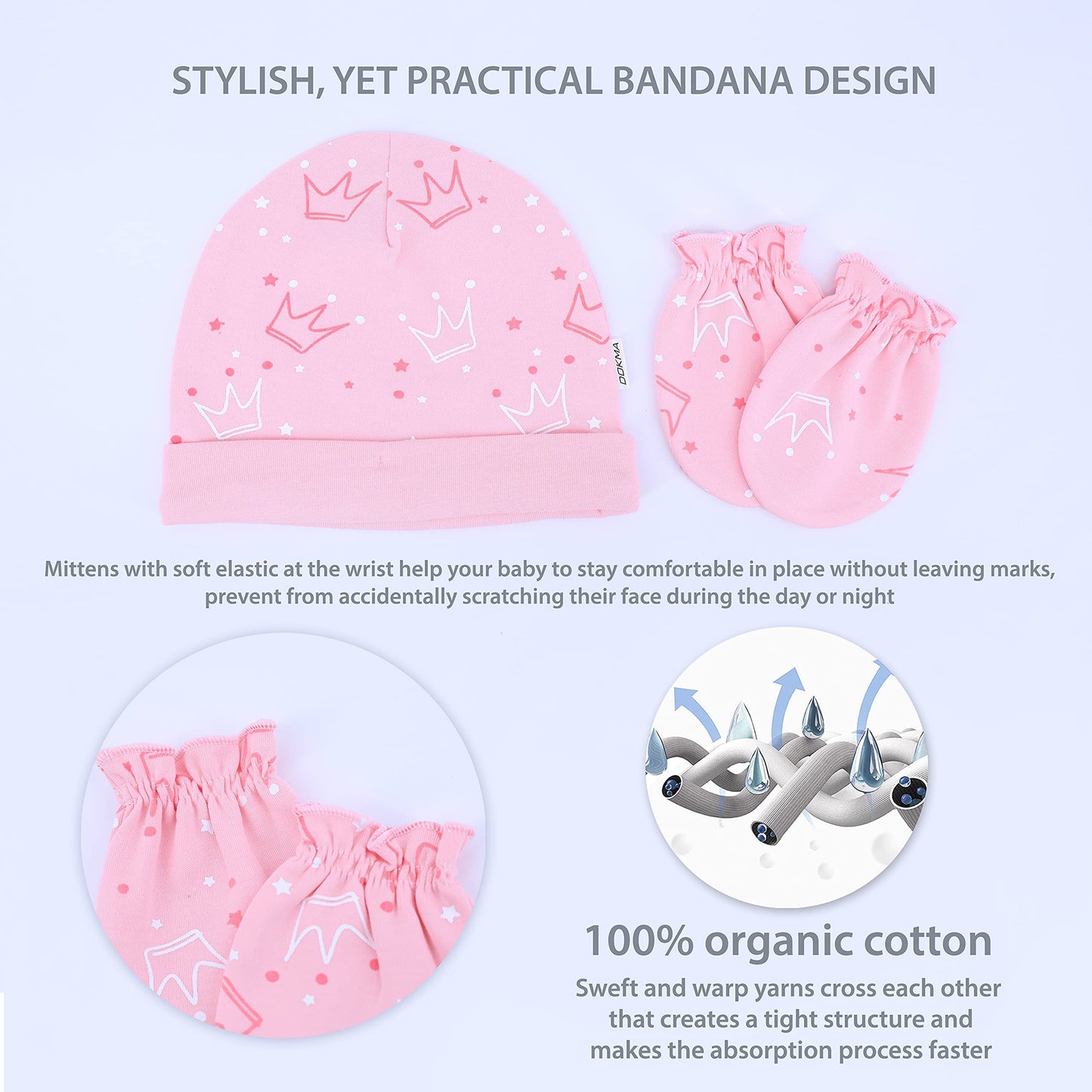 Dokma Organic Cotton Baby Mittens And Caps Set - Mittens For Newborn 0-6 Months - Ultra Soft, No Scratch - 5 Caps X 3 Mittens
