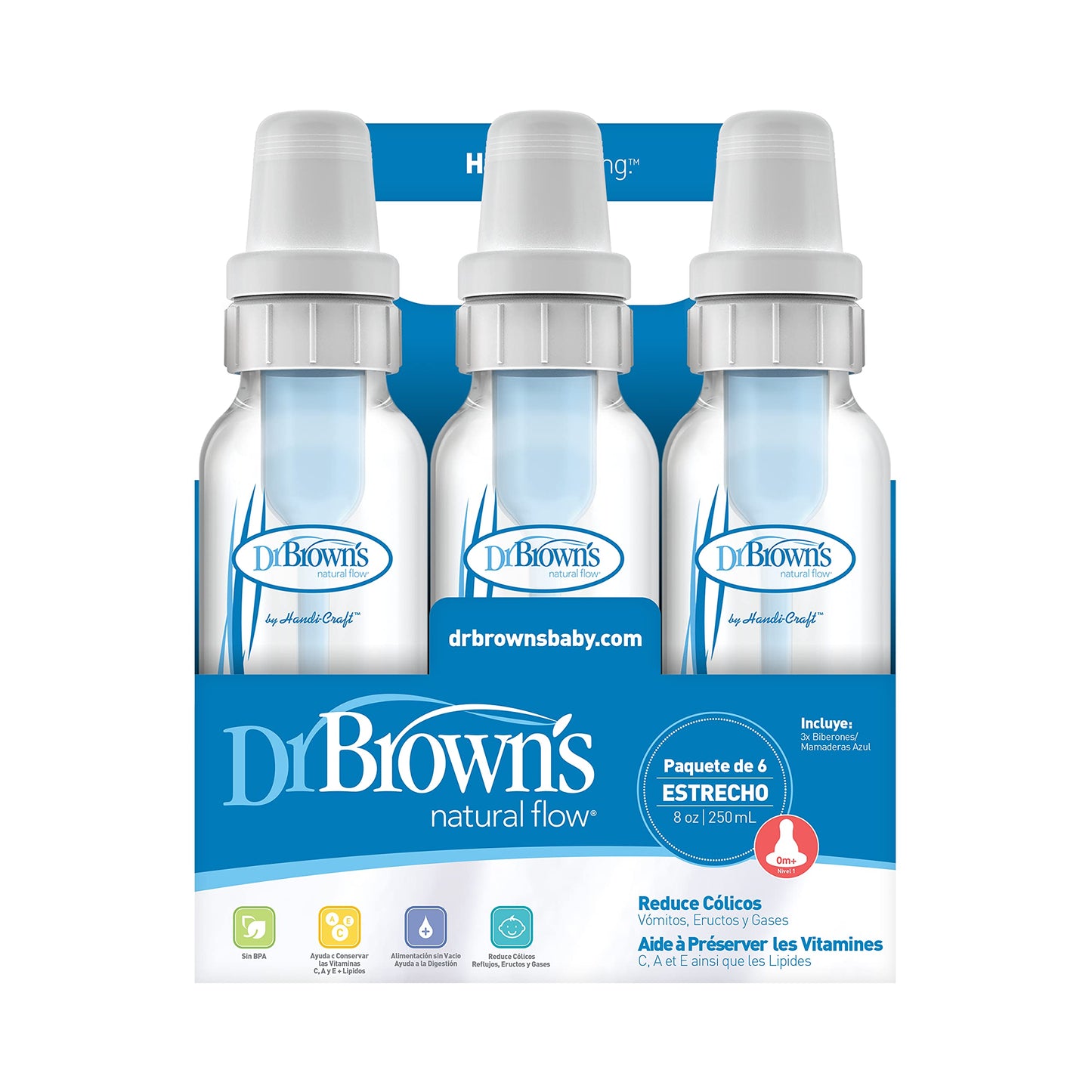 Dr Browns Natural Flow Feeding Bottle 6Pk Clear With Blue Writing - 250Ml(8Oz) (Standard)