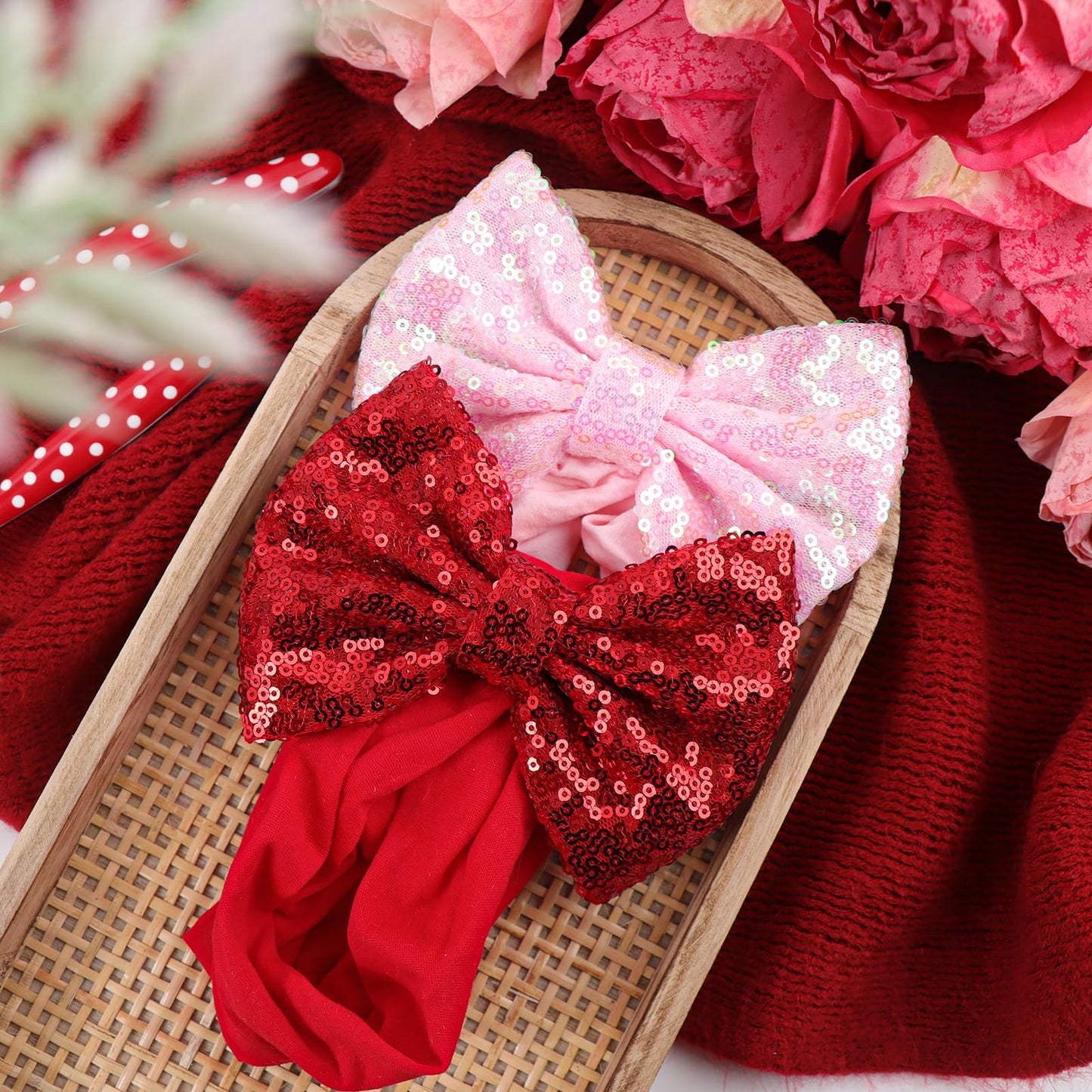 Lanmerry Red Pink Bows For Girls Sequins Large Bows Red Headband Toddler Glitter Hair Bow Hair Accessories Pink Ribbon Headband