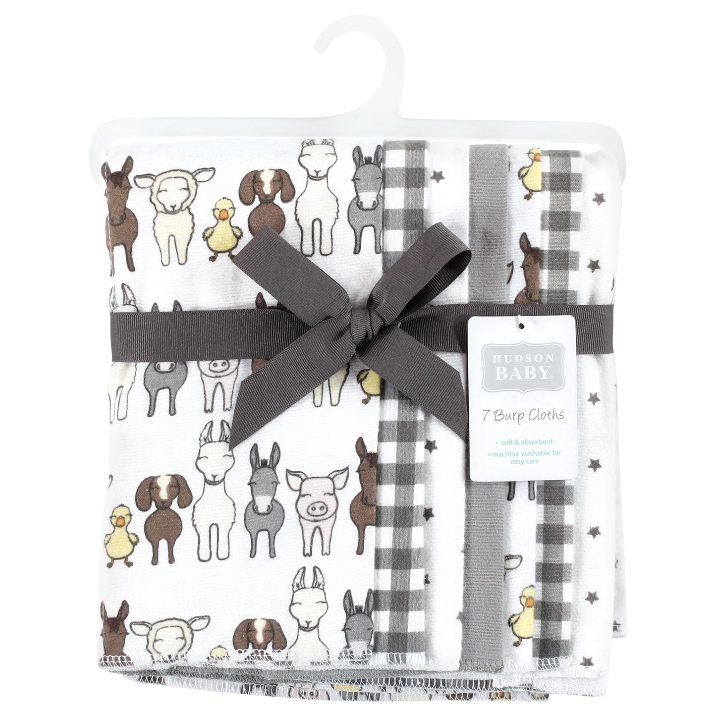 Hudson Baby Unisex Baby Cotton Flannel Burp Cloths 7-Pack, Farm Friends Grey, One Size